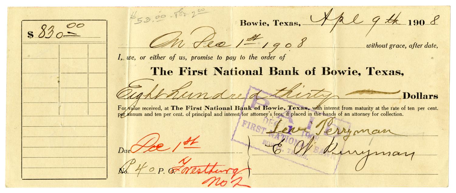 [Bank Note for Bob Perryman, April 9, 1908]
                                                
                                                    [Sequence #]: 1 of 2
                                                