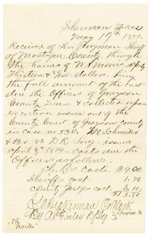 Primary view of object titled '[Receipt of Levi Perryman, May 17, 1879]'.