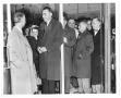 Primary view of [Joe and Abe Weingarten with Irving Alexander and Mayor Plummer near store doorway]
