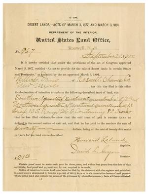 Primary view of object titled '[United States Land Office Deed, September 20, 1902]'.