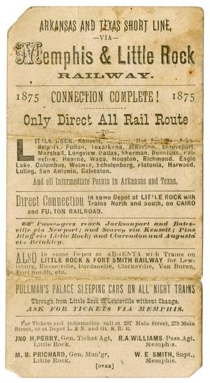 Primary view of object titled '[Advertisement Card for the Memphis and Little Rock Railway, 1875]'.
