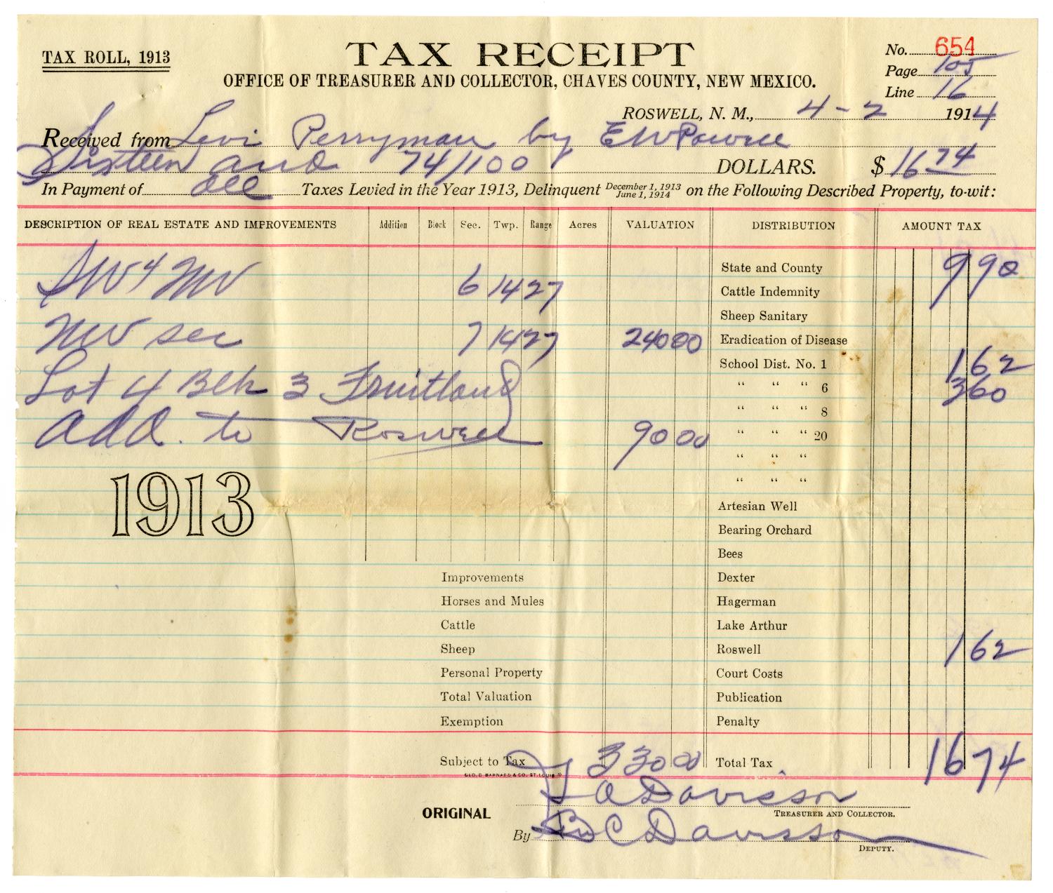 [Tax Receipt, April, 2, 1914]
                                                
                                                    [Sequence #]: 1 of 2
                                                
