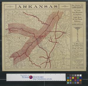 Primary view of object titled 'Map showing the land grants of the St. Louis, Iron Mountain & Southern and Little Rock & Fort Smith Railways in Arkansas'.