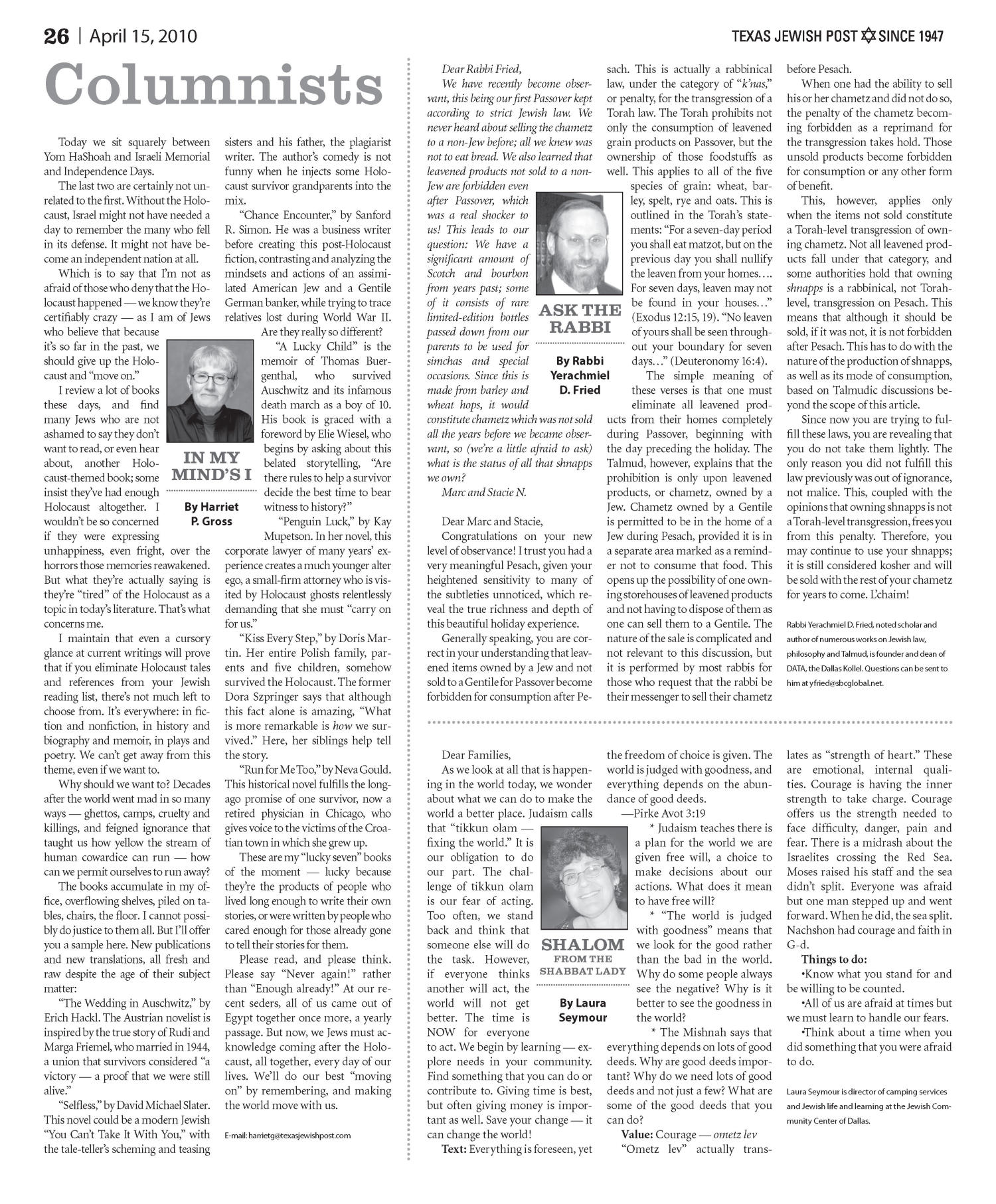 Texas Jewish Post (Fort Worth, Tex.), Vol. 64, No. 15, Ed. 1 Thursday, April 15, 2010
                                                
                                                    [Sequence #]: 26 of 28
                                                