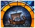 Photograph: [Stained Glass Window Pane of a Ship]