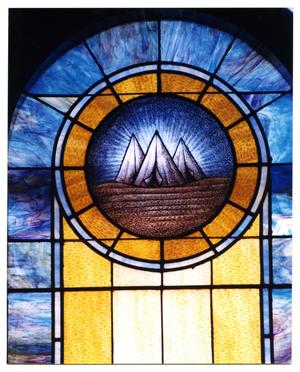 Primary view of object titled '[Stained Glass Window Pane of Military Tents]'.
