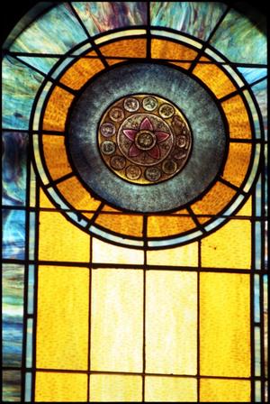 Primary view of object titled '[Stained Glass Window Pane of a Passover Plate]'.