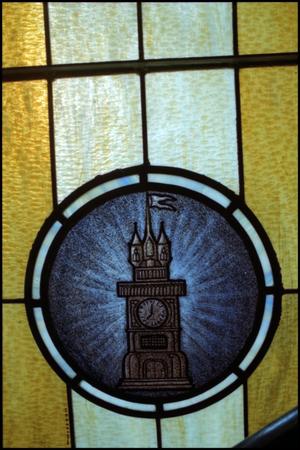 Primary view of object titled '[Stained Glass Window Pane of a Spice Box]'.