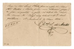 Primary view of object titled '[Receipt for 25 dollars, 15 cents paid to Charles S. de Montel, March 30, 1844]'.
