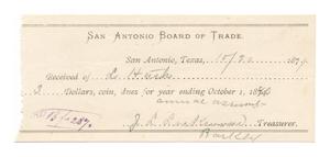 Primary view of object titled '[Receipt for $3 from L. Huth to the San Antonio Board of Trade for dues, October 30, 1879]'.