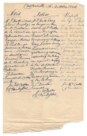 Primary view of object titled '[Document stating that Huth no longer works for Castro, October 16, 1846]'.