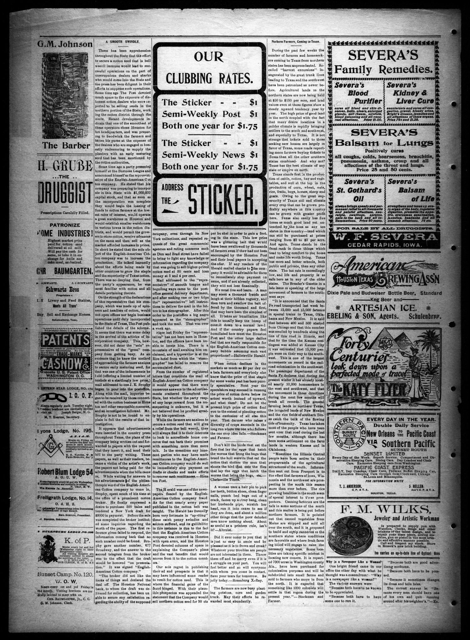 The Schulenburg Sticker (Schulenburg, Tex.), Vol. 10, No. 30, Ed. 1 Thursday, February 25, 1904
                                                
                                                    [Sequence #]: 4 of 4
                                                