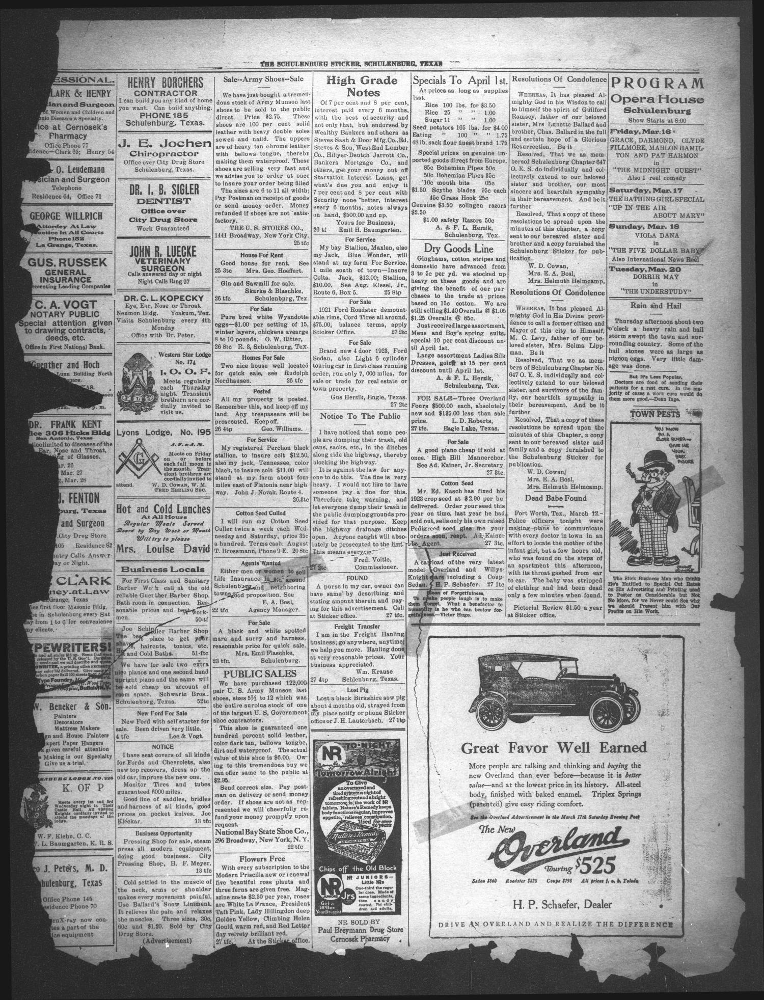 The Schulenburg Sticker (Schulenburg, Tex.), Vol. 29, No. 27, Ed. 1 Friday, March 16, 1923
                                                
                                                    [Sequence #]: 6 of 8
                                                