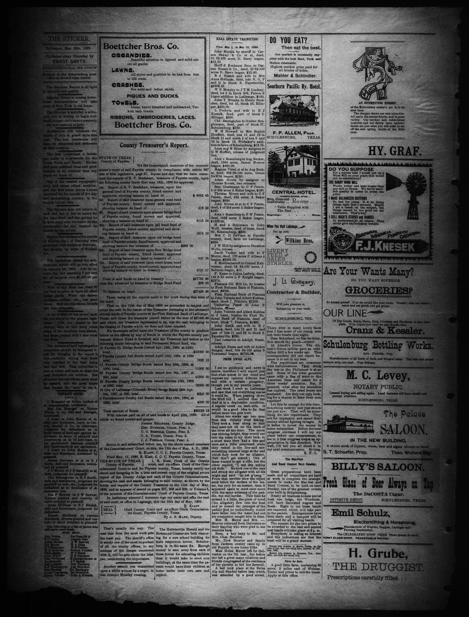 The Sticker (Schulenburg, Tex.), Vol. 5, No. 42, Ed. 1 Thursday, May 18, 1899
                                                
                                                    [Sequence #]: 2 of 6
                                                