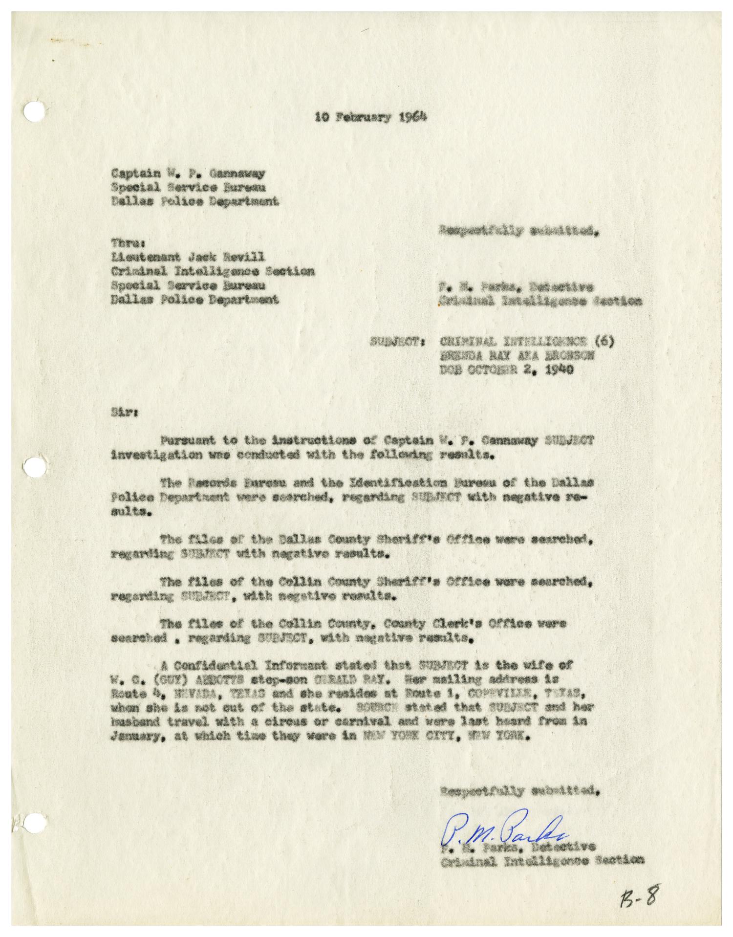 [Criminal Intelligence Report to Captain W. P. Gannaway, February 10, 1964]
                                                
                                                    [Sequence #]: 1 of 2
                                                