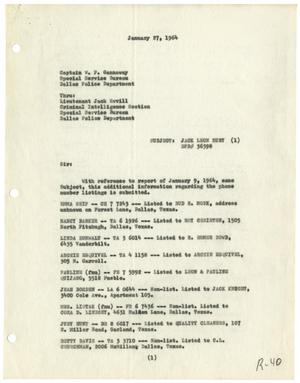 [Intelligence Report to Captain W. P. Gananway, January 27, 1964]