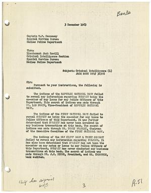 Primary view of object titled '[Criminal Intelligence Report to Captain W. P. Gannaway, December 3, 1963]'.
