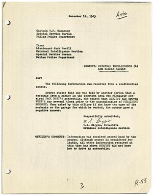 [Criminal Intelligence Report to Captain W. P. Gannaway, December 11, 1963]