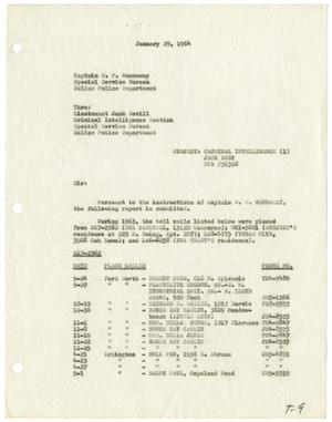 Primary view of object titled '[Criminal Intelligence Report to Captain W. P. Gannaway, January 29, 1964]'.