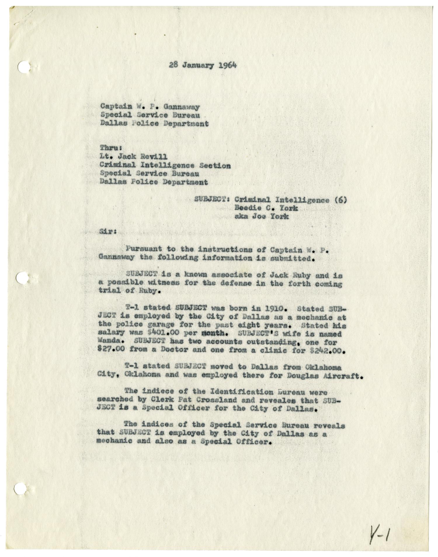 [Criminal Intelligence Report to Captain W. P. Gannaway, January 28, 1964]
                                                
                                                    [Sequence #]: 1 of 4
                                                
