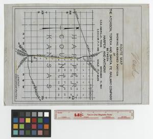 Primary view of object titled 'Route map showing abandoned portion of the Atchison, Topeka and Santa Fe Railway Company between Harper and Anthony [Kansas].'.
