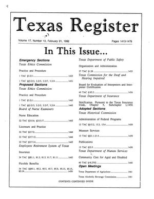 Primary view of object titled 'Texas Register, Volume 17, Number 14, Pages 1413-1478, February 21, 1992'.