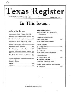 Primary view of object titled 'Texas Register, Volume 17, Number 17, Pages 1697-1783, March 6, 1992'.