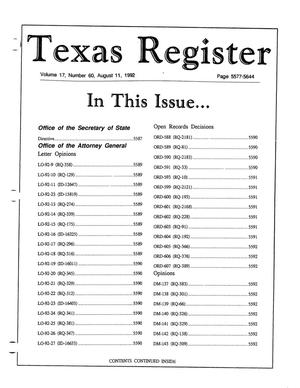 Primary view of object titled 'Texas Register, Volume 17, Number 60, Pages 5577-5644, August 11, 1992'.