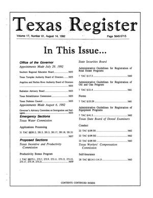 Primary view of object titled 'Texas Register, Volume 17, Number 61, Pages 5645-5715, August 14, 1992'.
