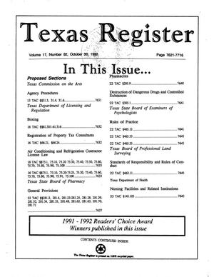 Primary view of object titled 'Texas Register, Volume 17, Number 82, Pages 7621-7716, October 30, 1992'.