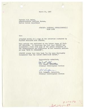 Primary view of object titled '[Criminal Intelligence Report - Mark Lane, March 23, 1967]'.