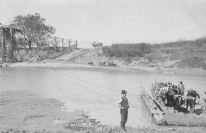 [Ferry escorting an oxen pulled cart at Brazos River in Rosenberg]