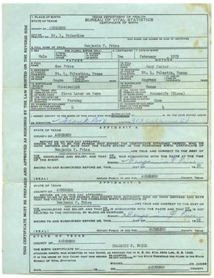 Primary view of object titled '[Birth Certificate for Benjamin F. Price]'.