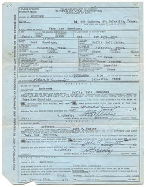 [Birth Certificate for Vera Mae Cummings]