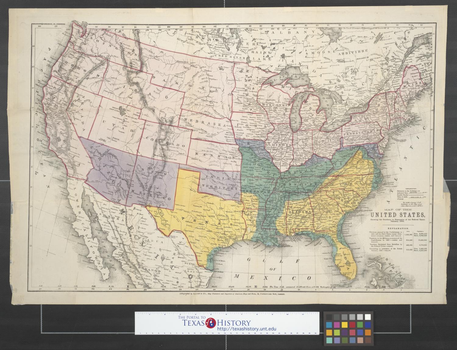 Map of the United States, showing the territory in possession of the Federal Union, January 1864.
                                                
                                                    [Sequence #]: 1 of 2
                                                