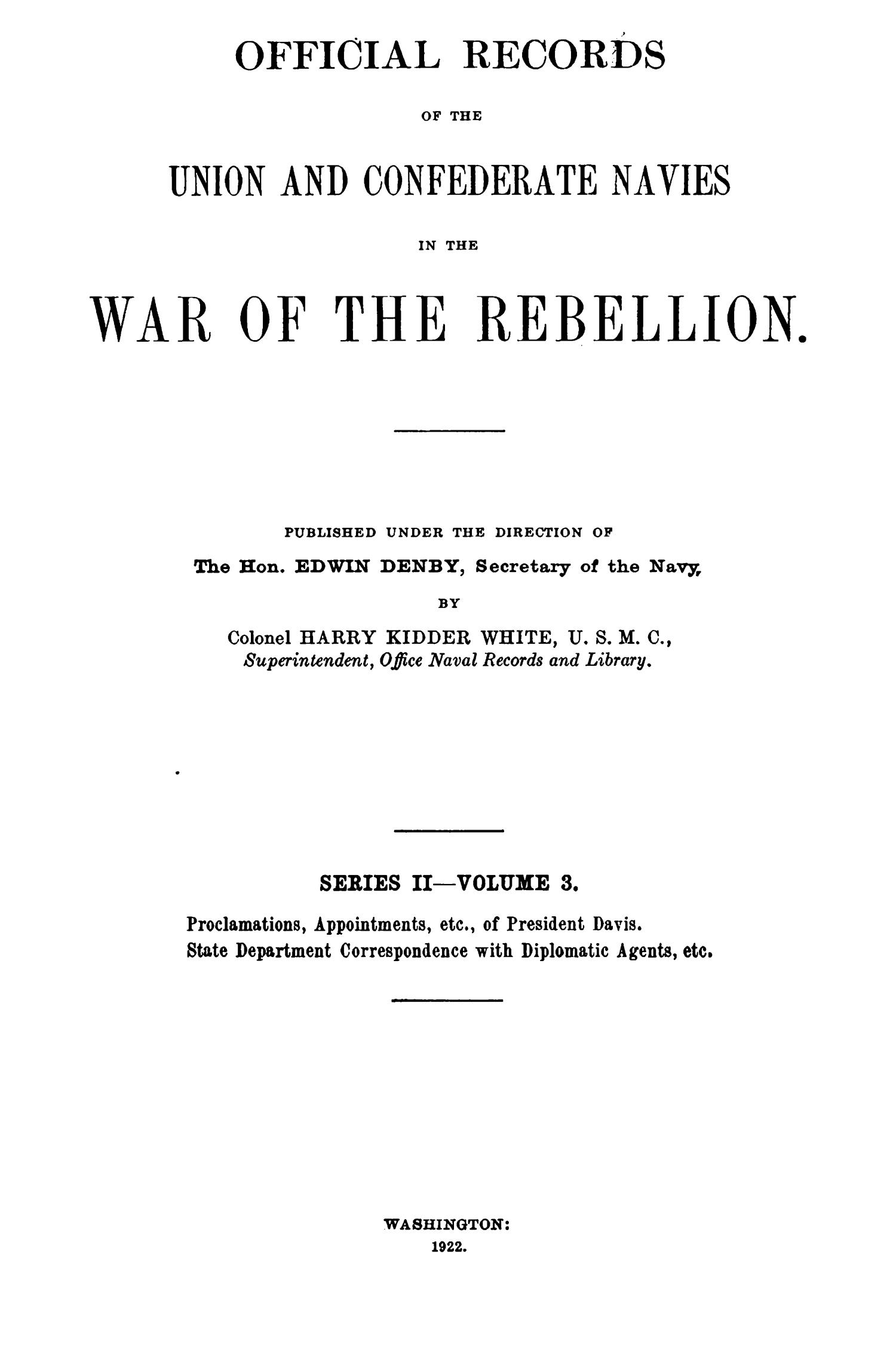 Official Records of the Union and Confederate Navies in the War of the Rebellion. Series 2, Volume 3.
                                                
                                                    Title Page
                                                
