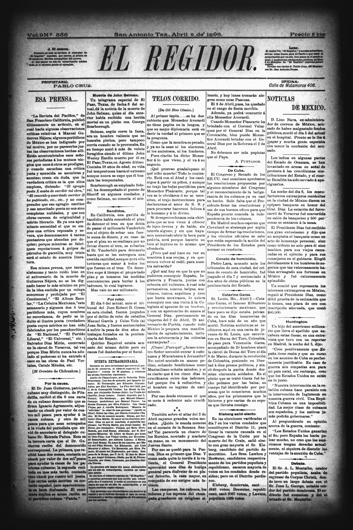 El Regidor. (San Antonio, Tex.), Vol. 9, No. 356, Ed. 1 Thursday, April 9, 1896
                                                
                                                    [Sequence #]: 1 of 4
                                                