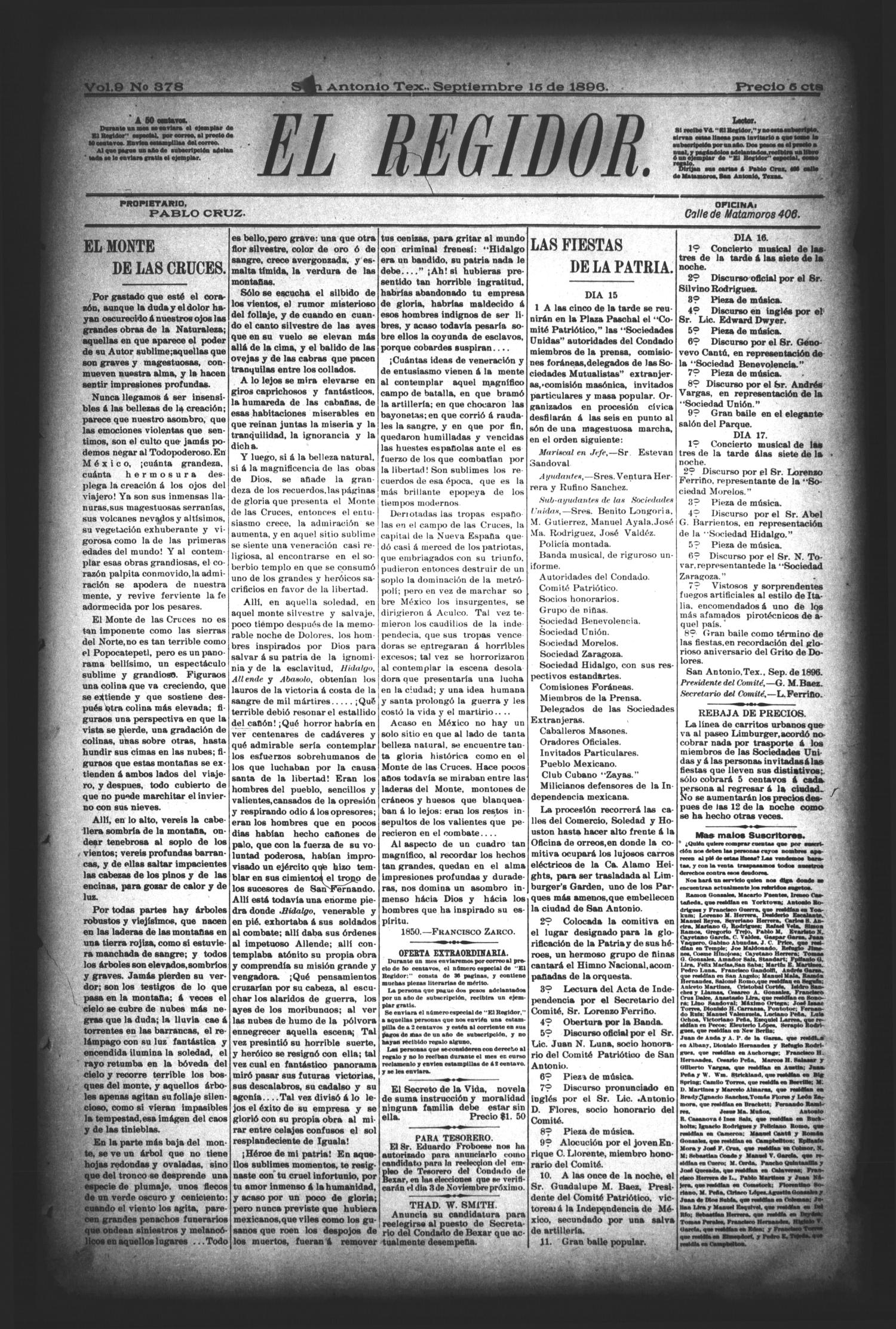 El Regidor. (San Antonio, Tex.), Vol. 9, No. 378, Ed. 1 Tuesday, September 15, 1896
                                                
                                                    [Sequence #]: 1 of 4
                                                