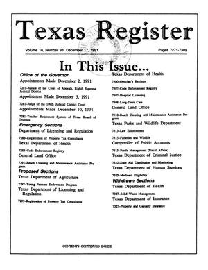 Primary view of object titled 'Texas Register, Volume 16, Number 93, Pages 7271-7389, December 17, 1991'.
