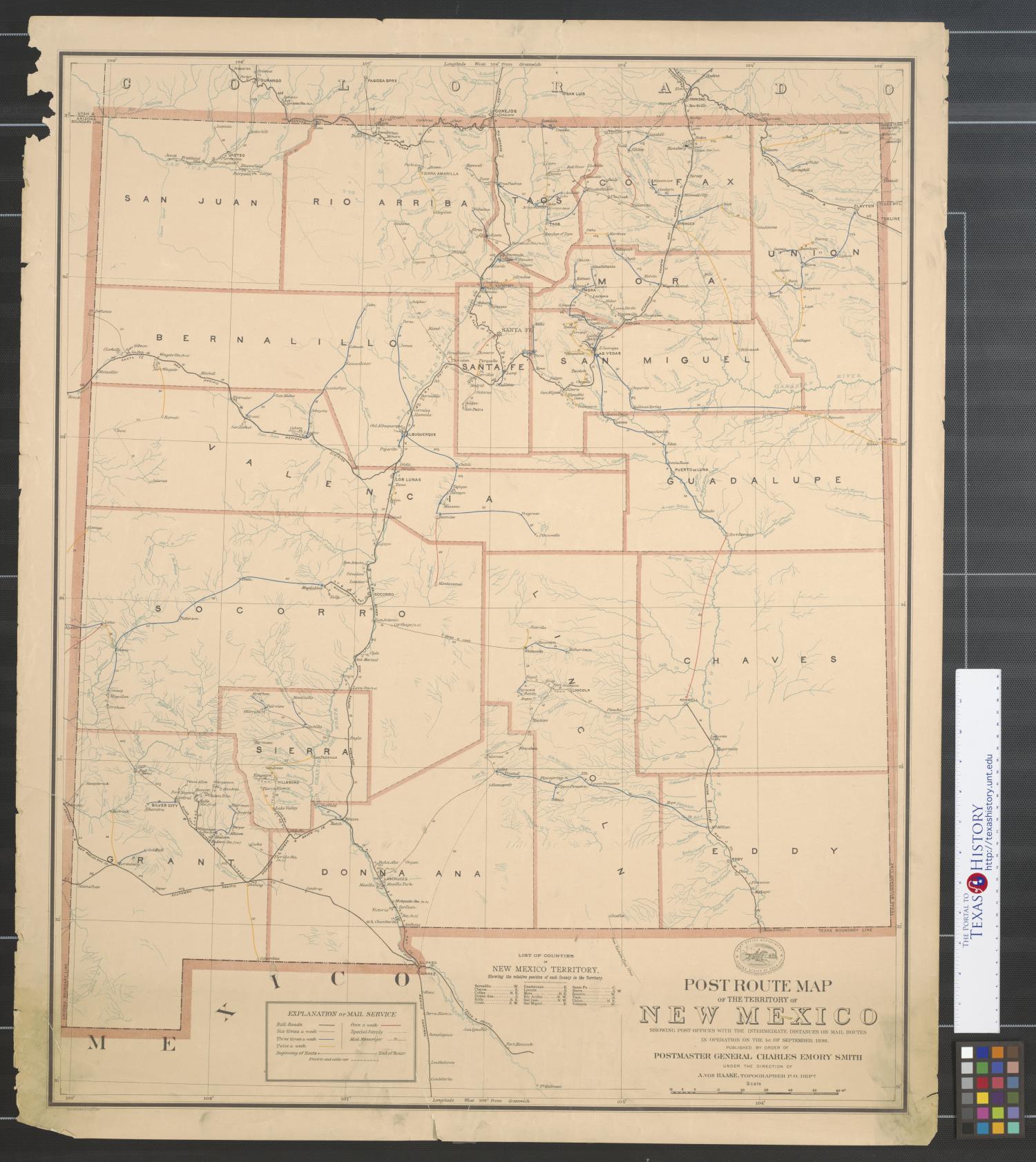 Post route map of the territory of New Mexico : Showing post offices with the intermediate distances on mail routes in operation on the 1st of September 1898.
                                                
                                                    [Sequence #]: 1 of 2
                                                