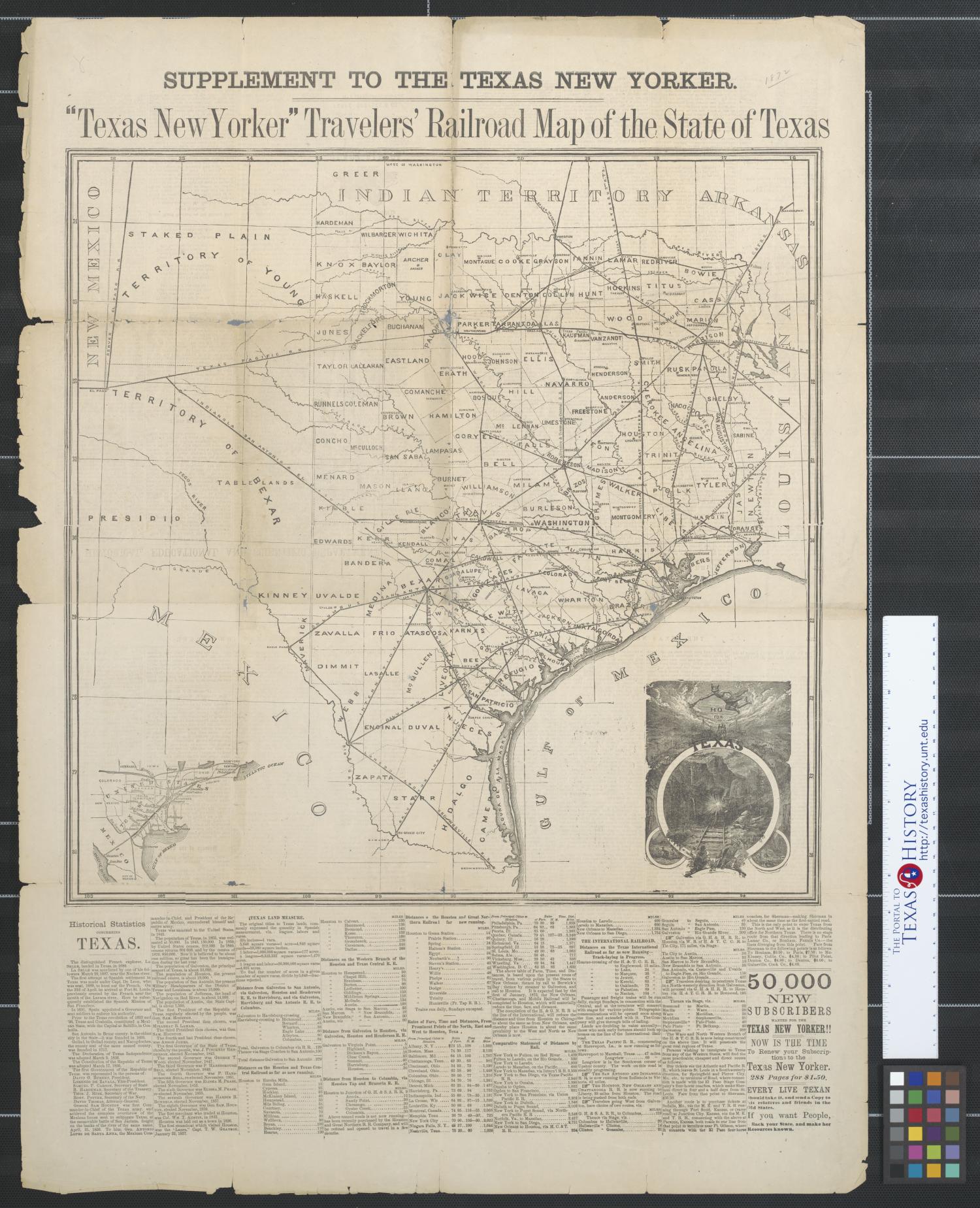 "Texas New Yorker" Travelers' railroad map of the State of Texas.
                                                
                                                    [Sequence #]: 1 of 2
                                                