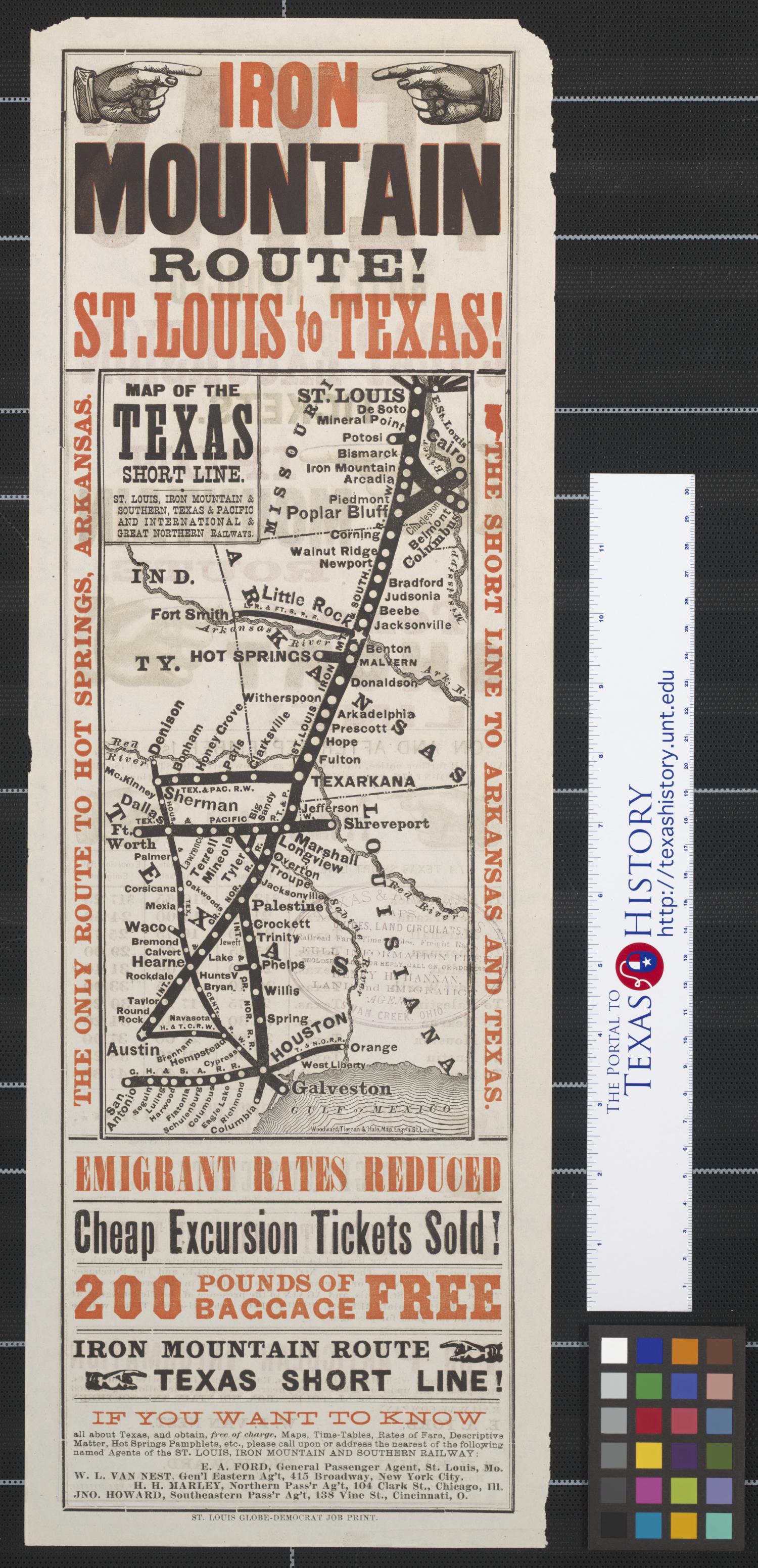 Map of the Texas short line: St. Louis, Iron Mountain & Southern, Texas & Pacific and International & Great Northern Railways.
                                                
                                                    [Sequence #]: 1 of 2
                                                