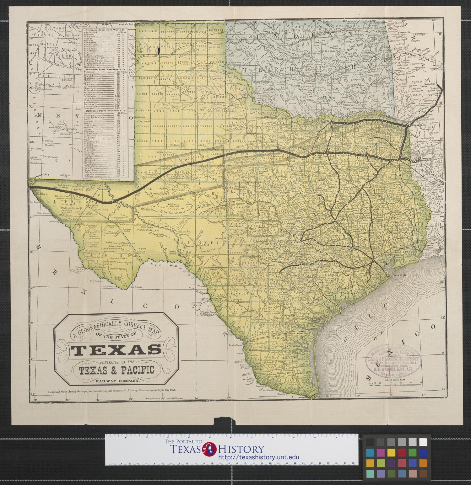A geographically correct map of the State of Texas: Compiled from actual surveys, and containing all changes in lines of counties up to Sept. 1st, 1876.
                                                
                                                    [Sequence #]: 1 of 2
                                                