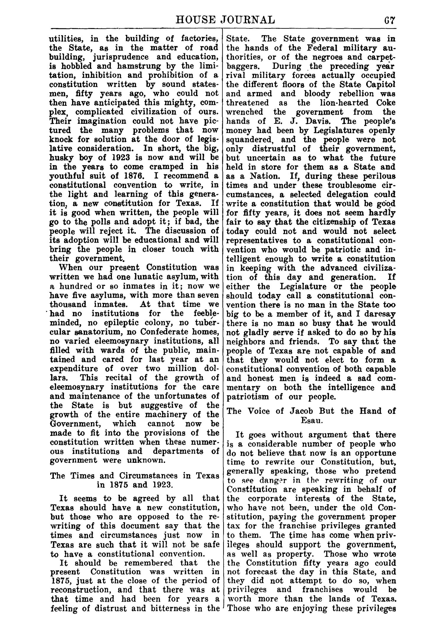 Journal of the House of Representatives of the Regular Session of the Thirty-Eighth Legislature of the State of Texas
                                                
                                                    67
                                                