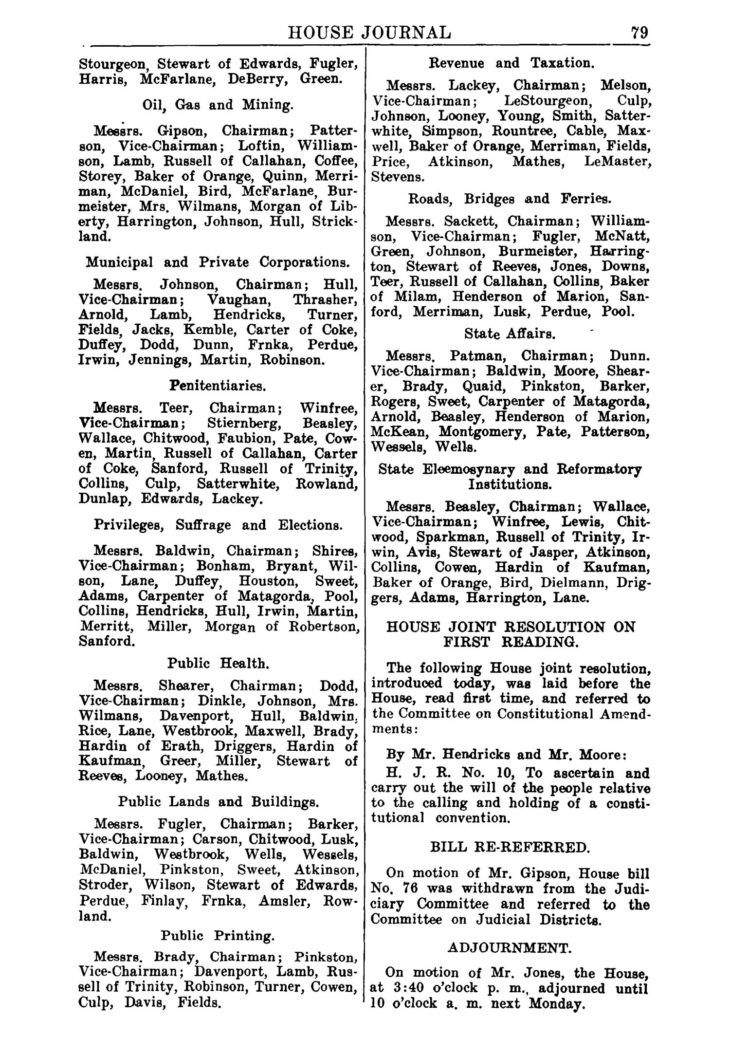 Journal of the House of Representatives of the Regular Session of the Thirty-Eighth Legislature of the State of Texas
                                                
                                                    79
                                                