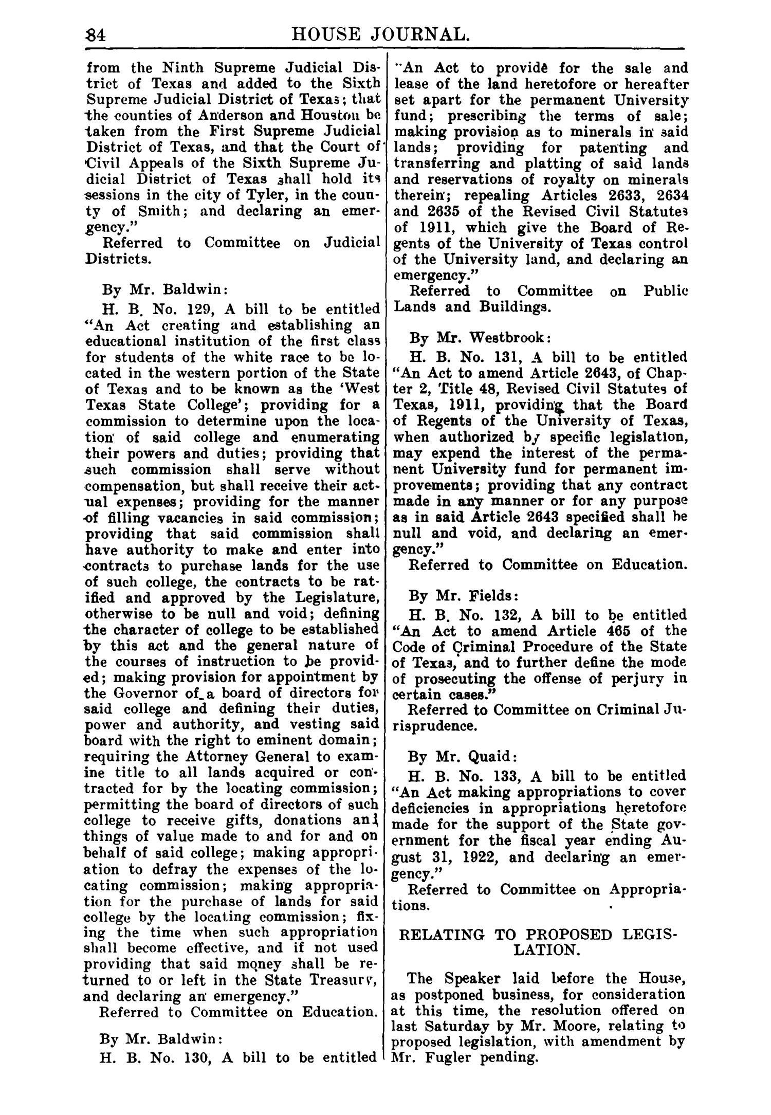 Journal of the House of Representatives of the Regular Session of the Thirty-Eighth Legislature of the State of Texas
                                                
                                                    84
                                                