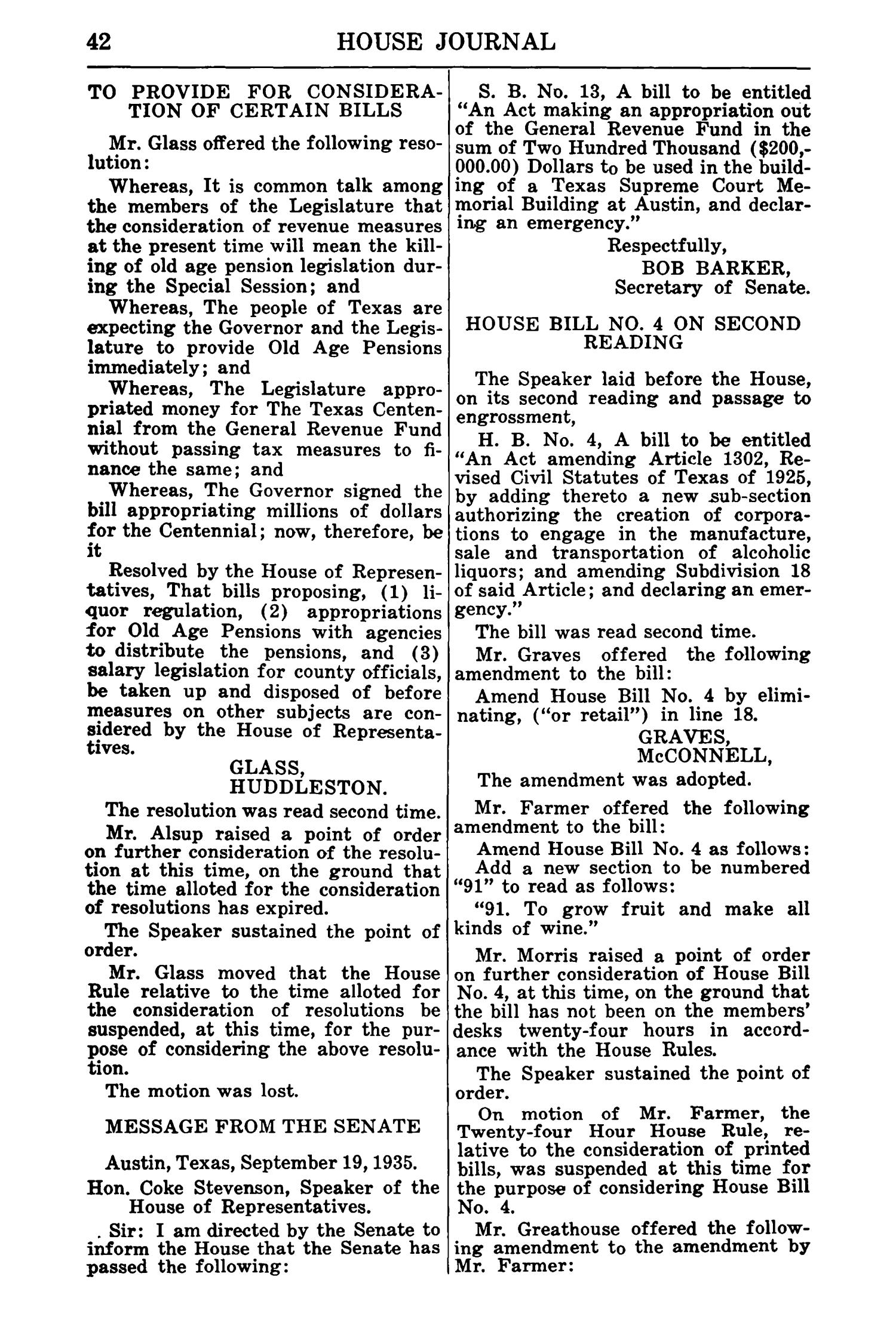 Journal of the House of Representatives of the First and Second Sessions of the Forty-Fourth Legislature of the State of Texas
                                                
                                                    42
                                                