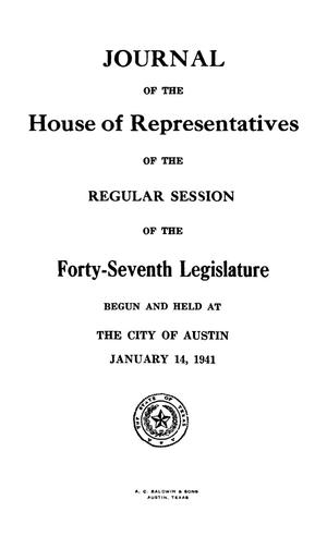 Primary view of object titled 'Journal of the House of Representatives of the Forty-Seventh Legislature of the State of Texas, Regular Session, Volume 2, and First Called Session'.