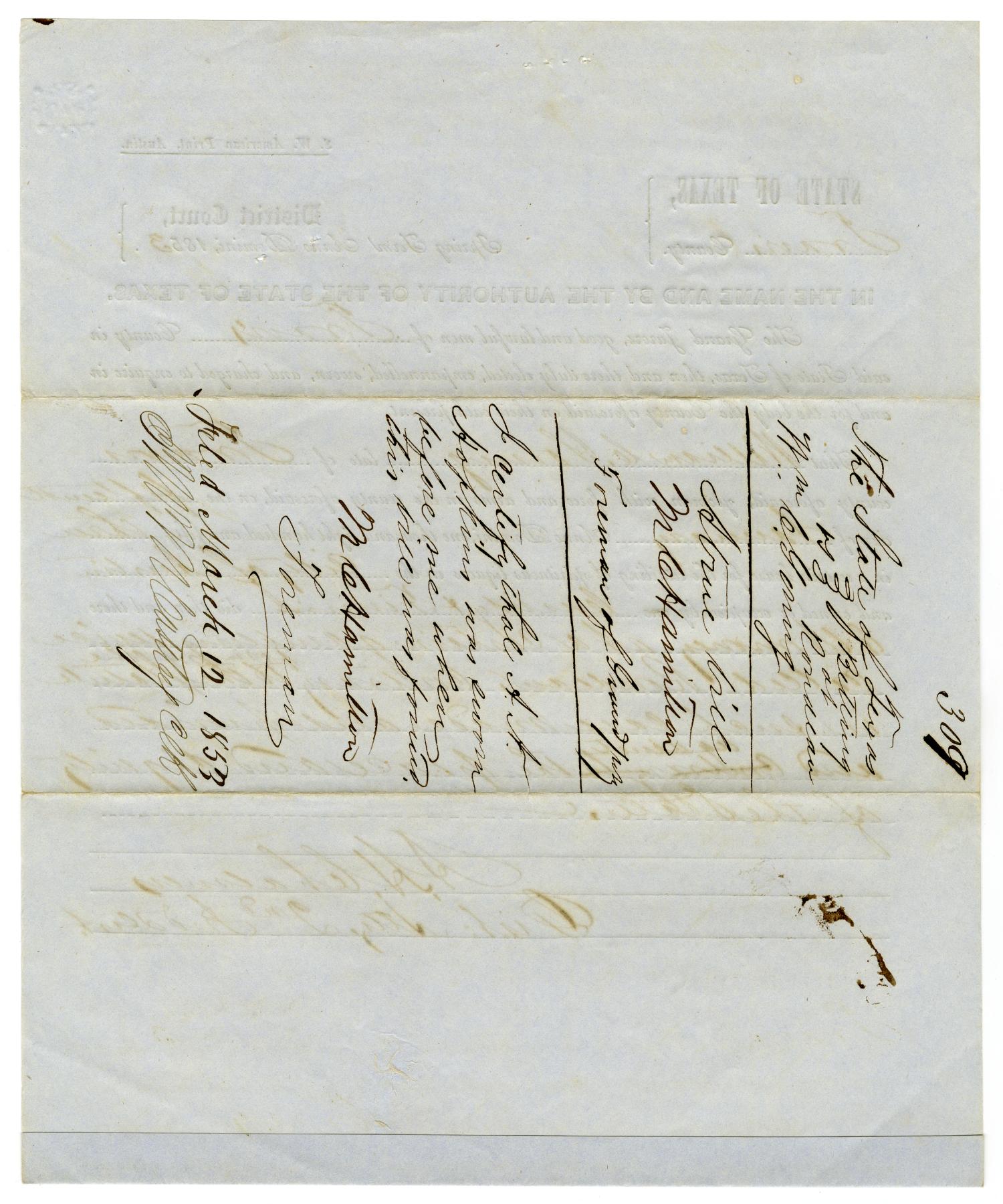 Documents pertaining to the case of The State of Texas vs. William C. Young, cause no. 309, 1853
                                                
                                                    [Sequence #]: 2 of 4
                                                
