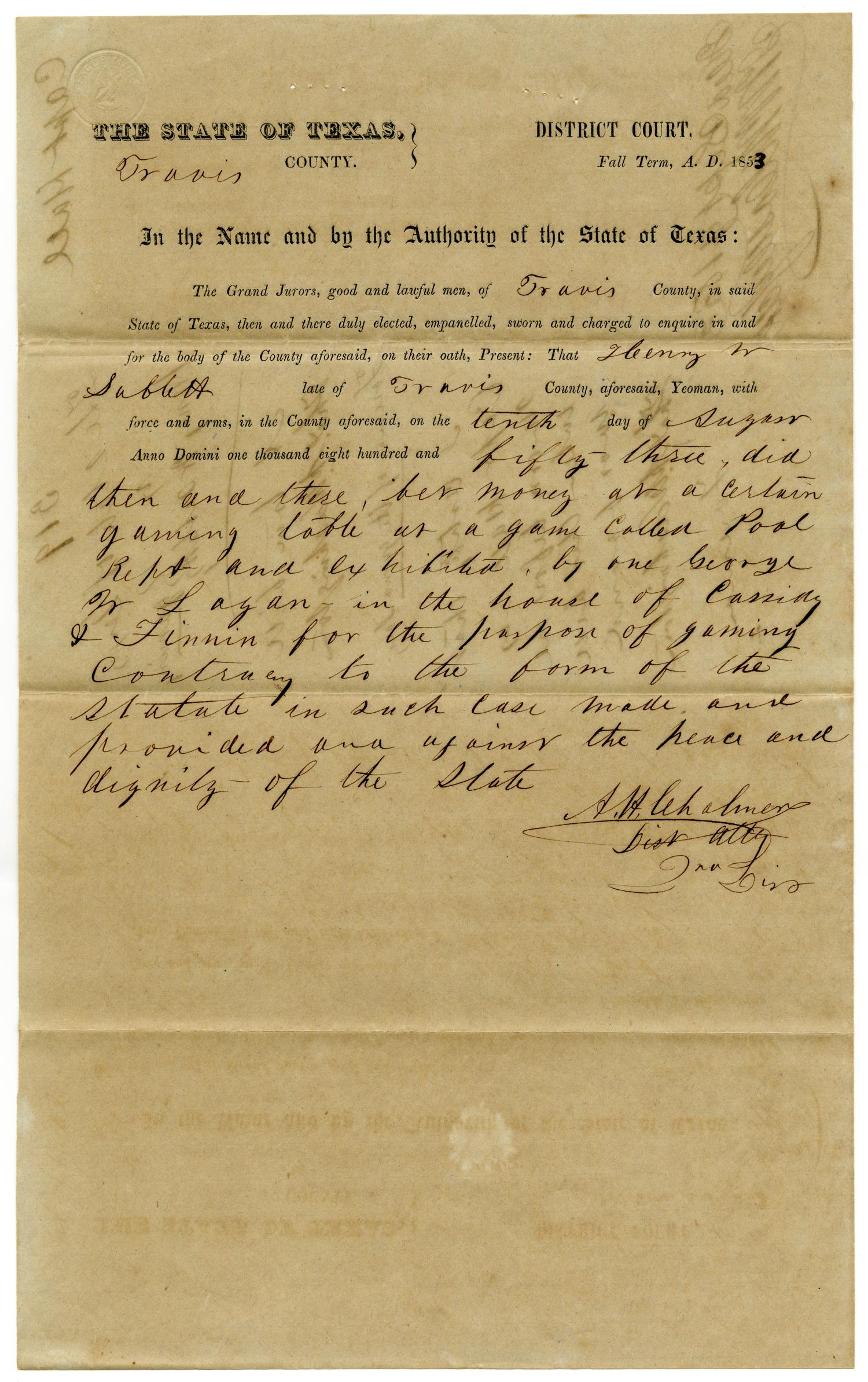 Documents pertaining to the case of The State of Texas vs. Henry Sublett, cause no. 319, 1853
                                                
                                                    [Sequence #]: 1 of 6
                                                